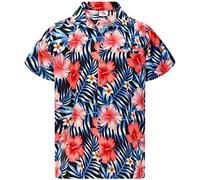 King Kameha Funky Hawaii Hemd Männer - Komfortables Hawaiihemd Herren Kurzarm, Tropical-Hibiscus, Schwarz-Blau, 5XL