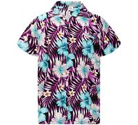 King Kameha Funky Hawaii Hemd Männer - Komfortables Hawaiihemd Herren Kurzarm, Tropical-Hibiscus, Schwarz-Violett, 5XL