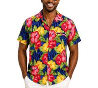 King Kameha Funky Hawaii Hemd Männer - Komfortables Hawaiihemd Herren Kurzarm, Wild-Flowers, Blau, XL