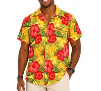 King Kameha Funky Hawaii Hemd Männer - Komfortables Hawaiihemd Herren Kurzarm, Wild-Flowers, Gelb, L
