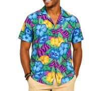 King Kameha Funky Hawaii Hemd Männer - Komfortables Hawaiihemd Herren Kurzarm, Wild-Flowers, Violett, 4XL
