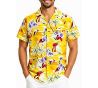 King Kameha Funky Hawaii Hemd Männer - Luftiges Hawaiihemd Herren Kurzarm, Flamingos, Gelb, 5XL