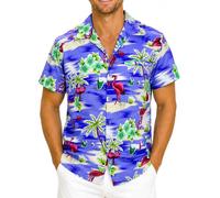 King Kameha Funky Hawaii Hemd Männer - Luftiges Hawaiihemd Herren Kurzarm, Flamingos, Hell-Blau, 4XL