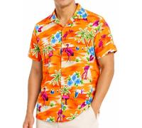 King Kameha Funky Hawaii Hemd Männer - Luftiges Hawaiihemd Herren Kurzarm, Flamingos, Orange, M