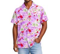 King Kameha Funky Hawaii Hemd Männer - Luftiges Hawaiihemd Herren Kurzarm, Flamingos, Violett, 6XL