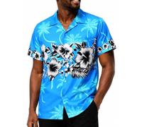 King Kameha Funky Hawaii Hemd Männer - Tropisches Hawaiihemd Herren Kurzarm, Flower-Chest, Türkis, L