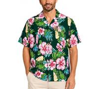 King Kameha Funky Hawaii Hemd Männer - Tropisches Hawaiihemd Herren Kurzarm, JK-Hibiscus-NEW, Dunkel-Grün, XS