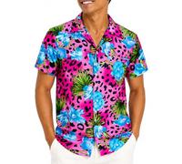 King Kameha Funky Hawaii Hemd Männer - Tropisches Hawaiihemd Herren Kurzarm, Leopard-Flowers, Pink, M