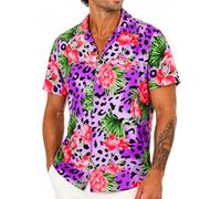 King Kameha Funky Hawaii Hemd Männer - Tropisches Hawaiihemd Herren Kurzarm, Leopard-Flowers, Violett, XXL