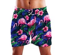 King Kameha Funky Hawaii Schwimm-Hose Bade-Hose Bade-Shorts, Flamingo Flowers, Navyblau Pink, L