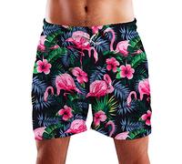 King Kameha Funky Hawaii Schwimm-Hose Bade-Hose Bade-Shorts, Flamingo Flowers, Schwarz Pink, XXL