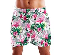 King Kameha Funky Hawaii Schwimm-Hose Bade-Hose Bade-Shorts, Flamingo Flowers, Weiß Pink, L