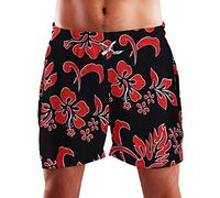 King Kameha Funky Hawaii Schwimm-Hose Bade-Hose Bade-Shorts, Hibiscus, Schwarz Rot, XXL