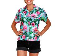 King Kameha Hawaii-Bluse-Hemd Damen Kurzarm Front-Tasche Stylish Funky Flamingos Floral
