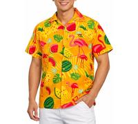 King Kameha Hawaii Hemd Männer - Funky Hawaiihemd Herren Kurzarm, Flamingo Melon, Gelb, XXL