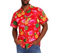 King Kameha Hawaii Hemd Männer - Funky Hawaiihemd Herren Kurzarm, Flamingo Melon, Rot, XXL