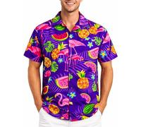 King Kameha Hawaii Hemd Männer - Funky Hawaiihemd Herren Kurzarm, Flamingo Melon, Violett, L