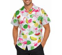 King Kameha Hawaii Hemd Männer - Funky Hawaiihemd Herren Kurzarm, Flamingo Melon, Weiss, XXL