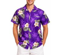 King Kameha Hawaii Hemd Männer - Komfortables Hawaiihemd Herren Kurzarm, Small-Flower, Violett, L
