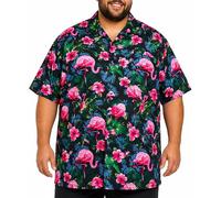 King Kameha Hawaii Hemd Männer - Plus Size Tropisches Hawaiihemd Herren Kurzarm, Flamingo-Flowers, Schwarz-Pink, 12XL