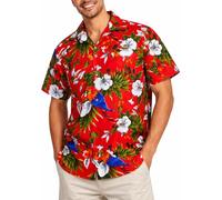 King Kameha Hawaii Hemd Männer - Tropisches Hawaiihemd Herren Kurzarm, Cherryparrot, Rot, 4XL