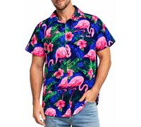 King Kameha Hawaii Hemd Männer - Tropisches Hawaiihemd Herren Kurzarm,Flamingo-Flowers, Navy-Pink, L