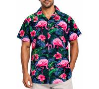 King Kameha Hawaii Hemd Männer - Tropisches Hawaiihemd Herren Kurzarm,Flamingo-Flowers, Schwarz-Pink, 3XL