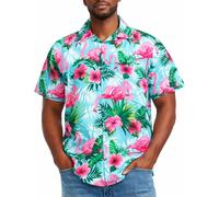 King Kameha Hawaii Hemd Männer - Tropisches Hawaiihemd Herren Kurzarm, Flamingo-Flowers, Türkis-Pink, XS