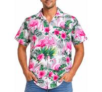 King Kameha Hawaii Hemd Männer - Tropisches Hawaiihemd Herren Kurzarm,Flamingo-Flowers, Weiß-Pink, XL