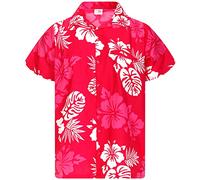 King Kameha Hawaii Hemd Männer - Tropisches Hawaiihemd Herren Kurzarm, Mono-Hibiscus, Pink-Weiß, L