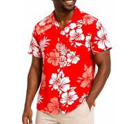King Kameha Hawaii Hemd Männer - Tropisches Hawaiihemd Herren Kurzarm, Mono-Hibiscus, Rot-Weiß, XXL