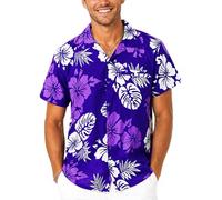King Kameha Hawaii Hemd Männer - Tropisches Hawaiihemd Herren Kurzarm, Mono-Hibiscus, Violett-Weiß, L