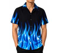 King Kameha Hawaiihemd Herren Kurzarm - Grünes Hawaii Hemd Männer Flammen - Hemd Herren Kurzarm Hawaii Outfit - Hawaiian Shirts for Men - Flames, Blue, 4XL