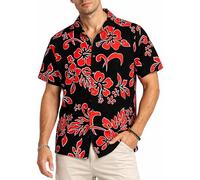 King Kameha Hawaiihemd Herren Kurzarm - Grünes Hawaii Hemd Männer Hibiskus - Hemd Herren Kurzarm Hawaii Outfit - Hawaiian Shirts for Men - Hibiskus, Black Red, 3XL