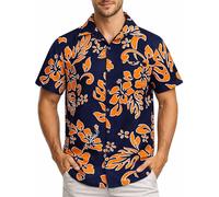 King Kameha Hawaiihemd Herren Kurzarm - Grünes Hawaii Hemd Männer Hibiskus - Hemd Herren Kurzarm Hawaii Outfit - Hawaiian Shirts for Men - Hibiskus, Navy Orange, XXL