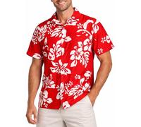 King Kameha Hawaiihemd Herren Kurzarm - Grünes Hawaii Hemd Männer Hibiskus - Hemd Herren Kurzarm Hawaii Outfit - Hawaiian Shirts for Men - Hibiskus, Ferrari Red, 3XL