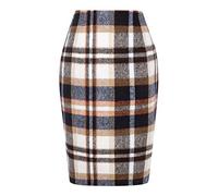 Kinghua Damen-Bleistiftrock aus Wolle, kariert, für Herbst und Winter, hohe Taille, figurbetont, Bleistiftrock, Braun/Knie, Mittel