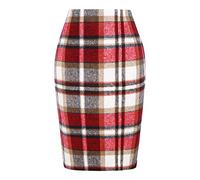 Kinghua Damen-Bleistiftrock aus Wolle, kariert, für Herbst und Winter, hohe Taille, figurbetont, Bleistiftrock, Weinrot/Knie, X-Groß