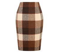 Kinghua Damen Bleistiftrock aus Wolle, kariert, Herbst, Winter, hohe Taille, Schlitz, figurbetont, Knielang, Midirock, Big Plaid Kaffee, Mittel