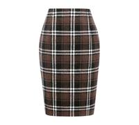 Kinghua Damen Bleistiftrock aus Wolle, kariert, Herbst, Winter, hohe Taille, Schlitz, figurbetont, knielang, Midirock, Kaffee, Groß