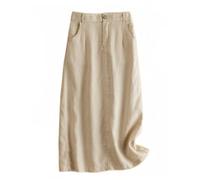 Kinghua Damen-Leinenrock, elastisch, hohe Taille, lässig, gerade, Baumwoll-Leinen, Midirock mit Schlitz, Beige, Groß