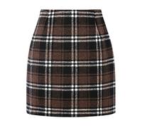 Kinghua Damen Minirock aus Wolle, kariert, für Herbst und Winter, hohe Taille, Figurbetonter Bleistiftrock, Kaffee, Mittel
