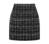 Kinghua Damen-Minirock aus Wolle, kariert, für Herbst und Winter, hohe Taille, Figurbetonter Bleistiftrock, Tweed Schwarz, Klein