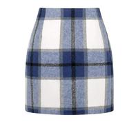 Kinghua Damen Minirock aus Wolle, kariert, für Herbst und Winter, hohe Taille, Figurbetonter Bleistiftrock, Blau, Mittel