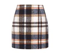 Kinghua Damen Minirock aus Wolle, kariert, für Herbst und Winter, hohe Taille, Figurbetonter Bleistiftrock, Braun, Klein