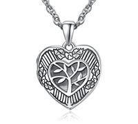KINGWHYTE Medaillon zum öffnen für Bilder Kette 925 Sterling Silber Baum des Lebens Foto Medaillon Halskette Lebensbaum Herzform Anhänger Halskette Schmuck Amulett Familie für Damen Männer