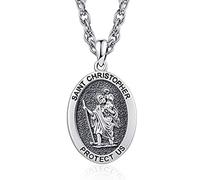 KINGWHYTE Saint Christophorus Halskette/Sankt Michael Halskette S925 Sterling Silber Anhänger Protect Us for Women Men with Stainless Steel Chain & Black Leather 50cm