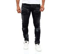 KINGZ Coole Herren Jeans, Designer Jeans in Slim-Fit Batik-Look Black-White Destroyed Jeans 1644-1 Schwarz W36/L34