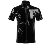 kinky-outfit männer, Latex Ähnliches Herren Techno Outfit Tank Top Slim Fit Lederhemd Dessous Herren-Reizwäsche Netzoberteil Lackleder Kurzarm Fitness Leder Shirts Kinky-Outfit Netzhemd Für Männer