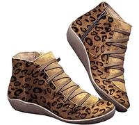 Kinloy Frauen Flache Ferse Stiefeletten Schnüren Seitlichem Reißverschluss wasserdichte Vintage Leder Mode rutschfeste Herbst Winter Freizeitschuhe Leopardenmuster 35 EU